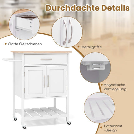 Kuchyňský vozík s pracovní deskou, servírovací vozík na kolečkách, vozík se zásuvkou, bílý