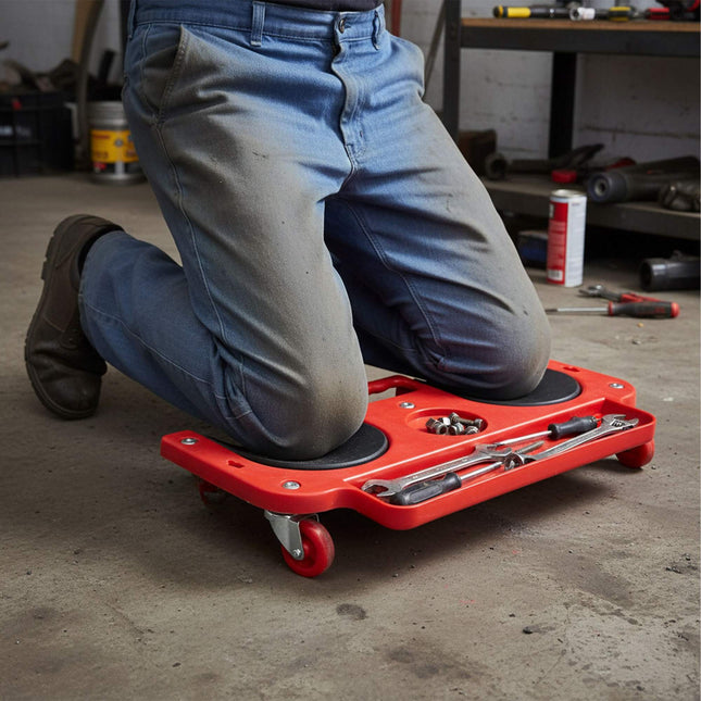 Knieroller met gereedschapsbak voor vloerwerkzaamheden