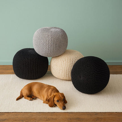 Pletený puf – kulatý, boho design, polystyrenová výplň