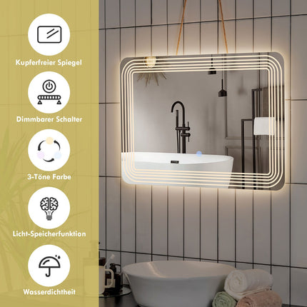 LED Bathroom Mirror 70 x 50 cm, Anti-Fog, 3-Color Dimmable