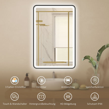 LED koupelnové zrcadlo, 90x60 cm, stmívatelné, 3 barvy, černá