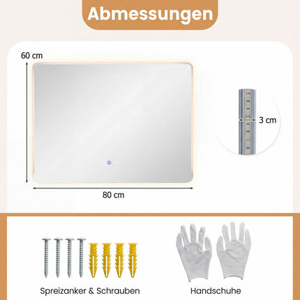 LED koupelnové zrcadlo se 3 barvami světla, nemlžící, 80x60 cm