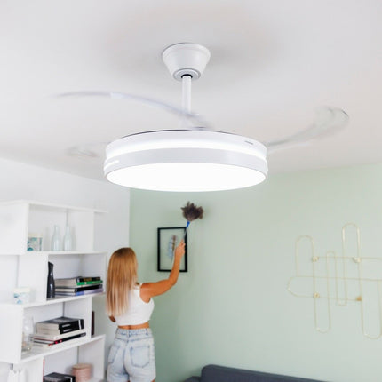 Stropní ventilátor s LED, reproduktorem a 4 zatahovacími lopatkami Notefan InnovaGoods bílá 36 W Ø49,5-104 cm