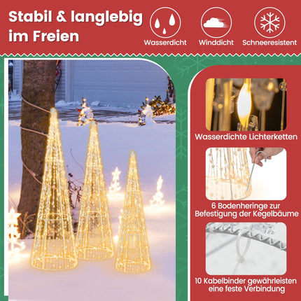 LED vánoční stromky kužely, sada 3 ks, 90 teple bílých LED