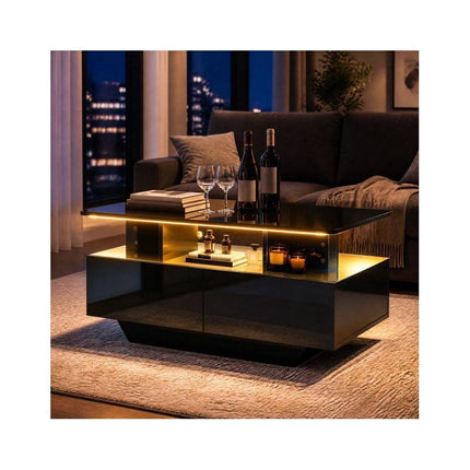LED Coffee Table 90 cm with 2 Storage Drawers and Open Shelf, High Gloss Black