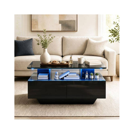 LED Coffee Table 90 cm with 2 Storage Drawers and Open Shelf, High Gloss Black