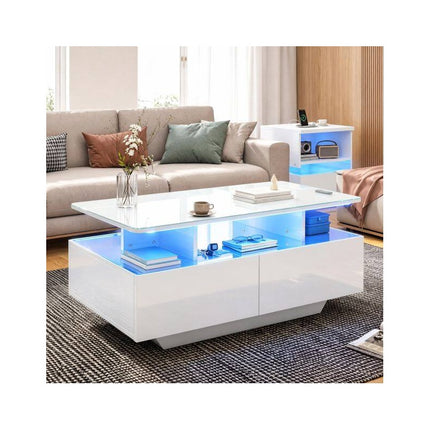 LED Coffee Table 90 cm with 2 Storage Drawers and Open Shelf, High Gloss White