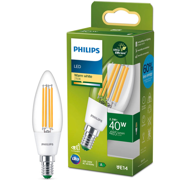 LED E14 B35 svíčka 2.3W (40W) čirá 485lm 2700K energetická třída A