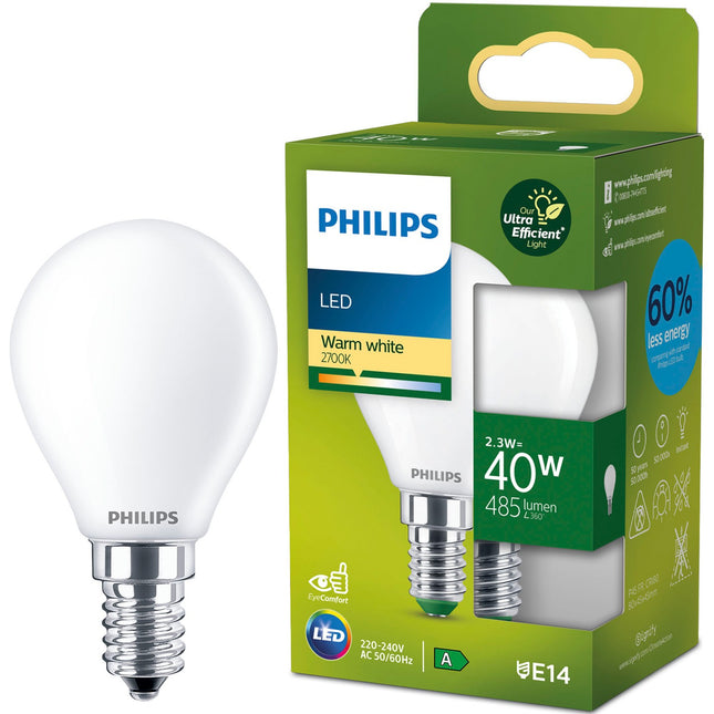 LED E14 globe P45 2.3W (40W) matná 485lm 2700K energetická třída A