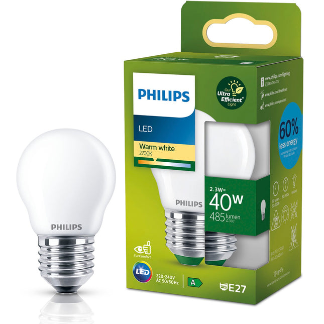 LED E27 globe P45 2.3W (40W) matná 485lm 2700K energetická třída A