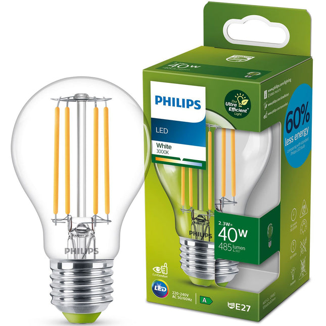 LED E27 klasická 40W čirá 485lm 3000K energetická třída A