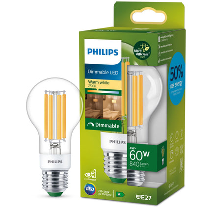 LED E27 klasická 4W (60W) čirá stmívatelná 840lm 2700K energetická třída A