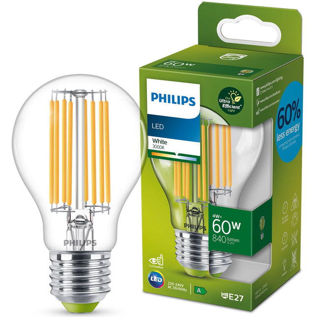 LED E27 klasická 60W čirá 840lm 3000K energetická třída A