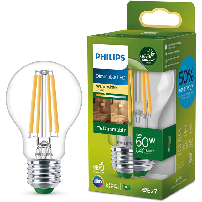 LED E27 klasická A60 4W (60W) čirá 840lm stmívatelná 2700K energetická třída A
