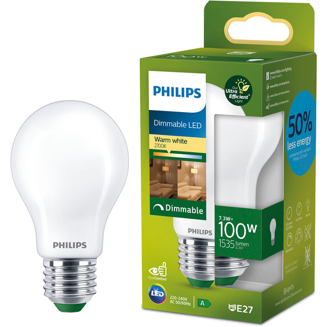 LED E27 klasická A60 7.3W (100W) matná 1535lm stmívatelná 2700K energetická třída A