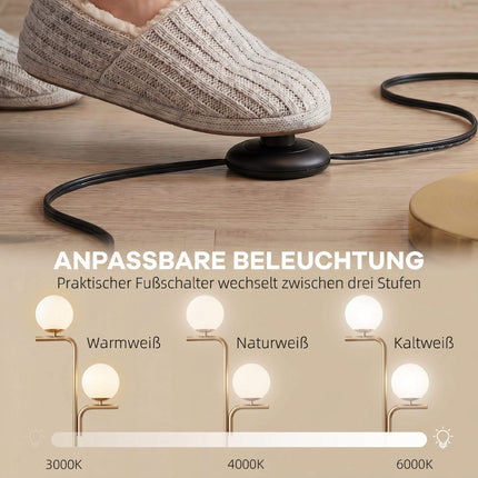 LED stojací lampa, 3 teploty barev, skleněné koule, zlatá