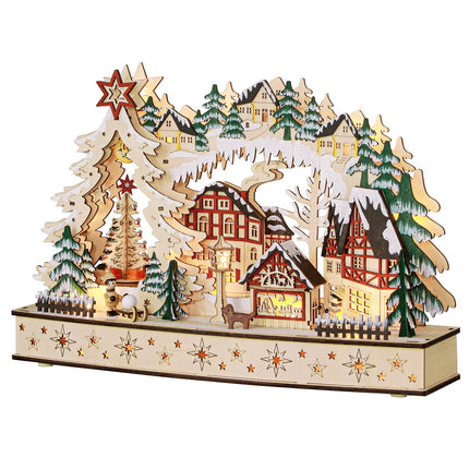LED dřevěná vánoční vesnička – 20 světel, 45x12x30 cm