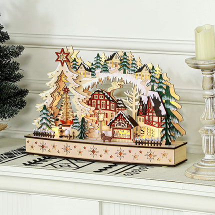 LED dřevěná vánoční vesnička – 20 světel, 45x12x30 cm