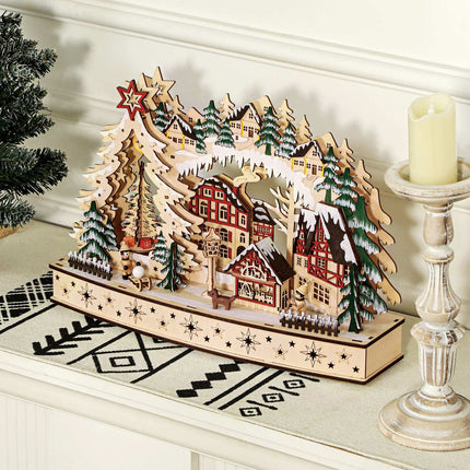 LED dřevěná vánoční vesnička – 20 světel, 45x12x30 cm