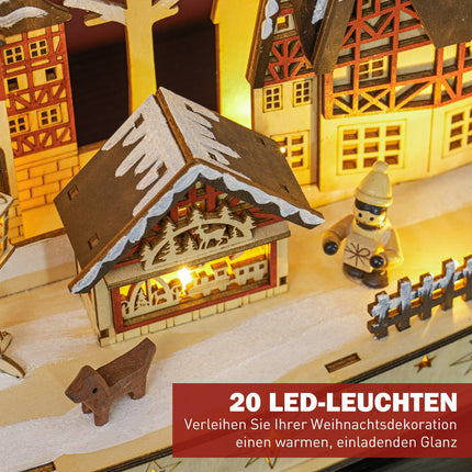LED dřevěná vánoční vesnička – 20 světel, 45x12x30 cm