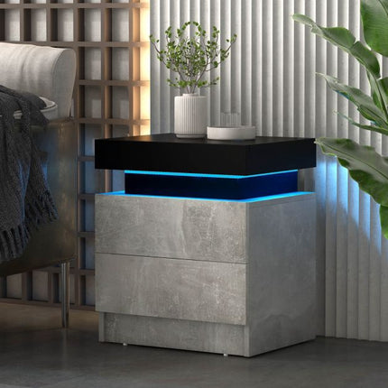 LED noční stolek, imitace mramoru, 2 zásuvky, dálkové ovládání