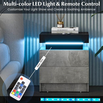 LED noční stolek, imitace mramoru, 2 zásuvky, dálkové ovládání