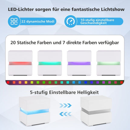 Sada LED nočních stolků se 2 zásuvkami, bílá, dálkové ovládání