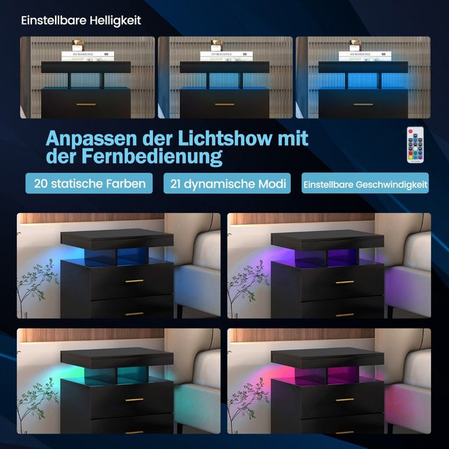 LED-Nachttisch mit 2 Schubladen, Hochglanz, Schwarz, 50x40x58 cm