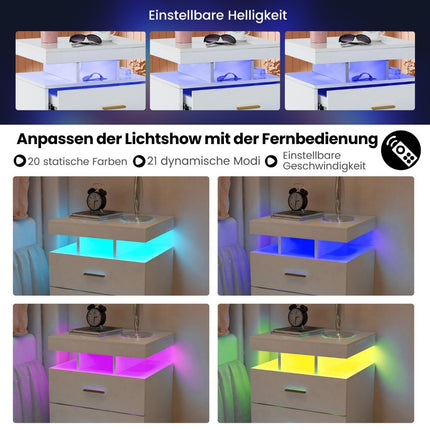 LED-Nachttisch mit 2 Schubladen, Hochglanz, Fernbedienung