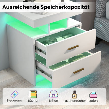LED-Nachttisch mit 2 Schubladen, Hochglanz, Fernbedienung