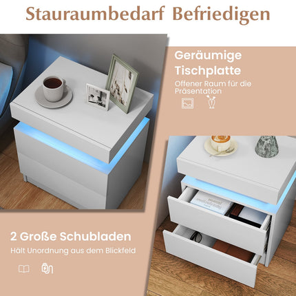 LED noční stolek se 2 zásuvkami, bílá MDF, moderní design