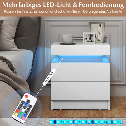 LED noční stolek se 2 zásuvkami, bílá MDF, moderní design