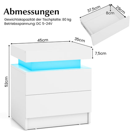 LED noční stolek se 2 zásuvkami, bílá MDF, moderní design