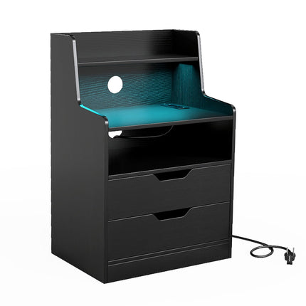 LED noční stolek s nabíjecí stanicí, 2 zásuvky, černý
