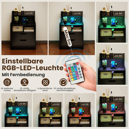 LED noční stolek s nabíjecí stanicí, 2 zásuvky, černý