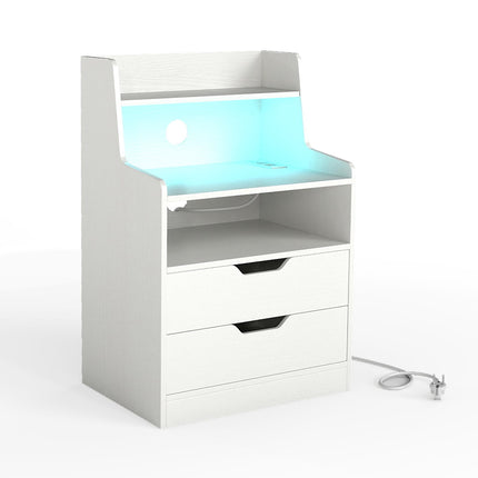 LED noční stolek s nabíjecí stanicí, 2 zásuvky, bílý