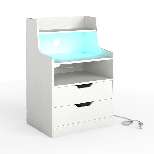 LED-Nachttisch mit Ladestation, 2 Schubladen, Weiß