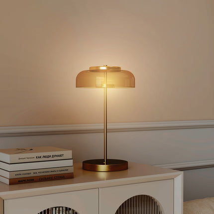 LED stolní lampa, teplé světlo, kovová podstava, jantarové skleněné stínidlo