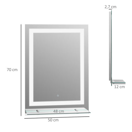 LED koupelnové zrcadlo, 22W, podsvícené se skleněnou policí, 70x50cm