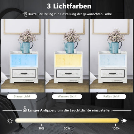 LED noční stolek, chytrý noční stolek se 2 USB porty, bílý