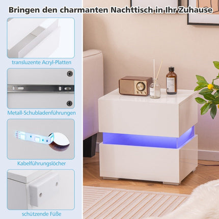 LED noční stolek se 2 zásuvkami a dálkovým ovládáním a dynamickým osvětlením 45 x 35 x 45 cm bílý