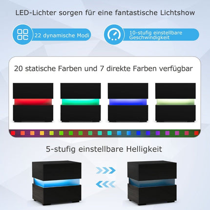 LED noční stolek se 2 zásuvkami a dálkovým ovládáním, dynamicky/staticky osvětlený noční stolek