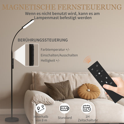 LED stojací lampa, 5 režimů, paměťová funkce, nastavitelný jas, ocel, černá
