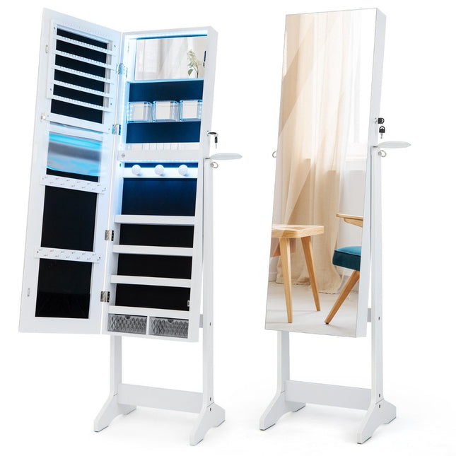 LED šperkovnice s celozrcadlovým a kosmetickým zrcadlem 41 x 37 x 156 cm bílá