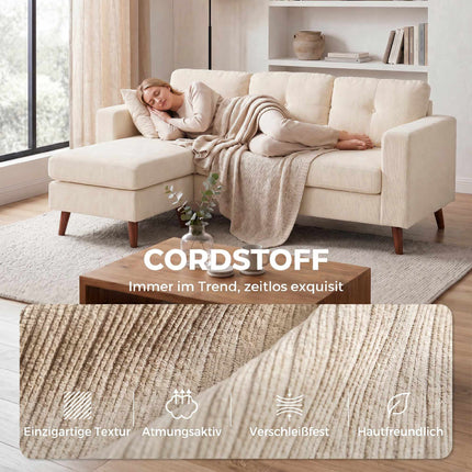L-Shape Sofa with Reversible Chaise, Cord Fabric, Cream White