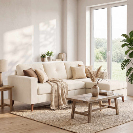 L-Shape Sofa with Reversible Chaise, Cord Fabric, Cream White