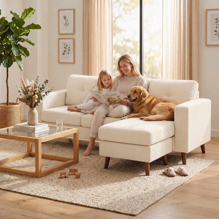 L-Shape Sofa with Reversible Chaise, Cord Fabric, Cream White