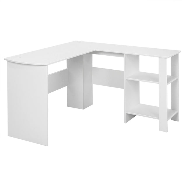 L-vormig computerbureau, 2 kabeldoorvoeropeningen, planken, wit