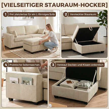 L-Shaped Cord Sofa with Reversible Storage Ottoman, Beige