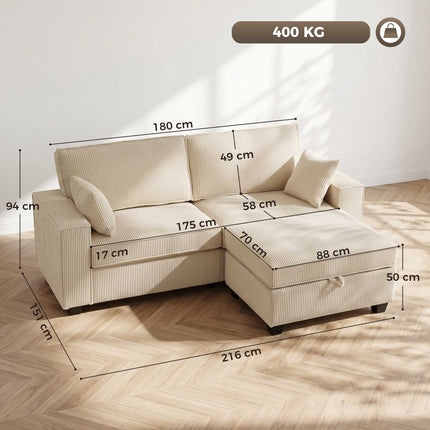 L-Shaped Cord Sofa with Reversible Storage Ottoman, Beige